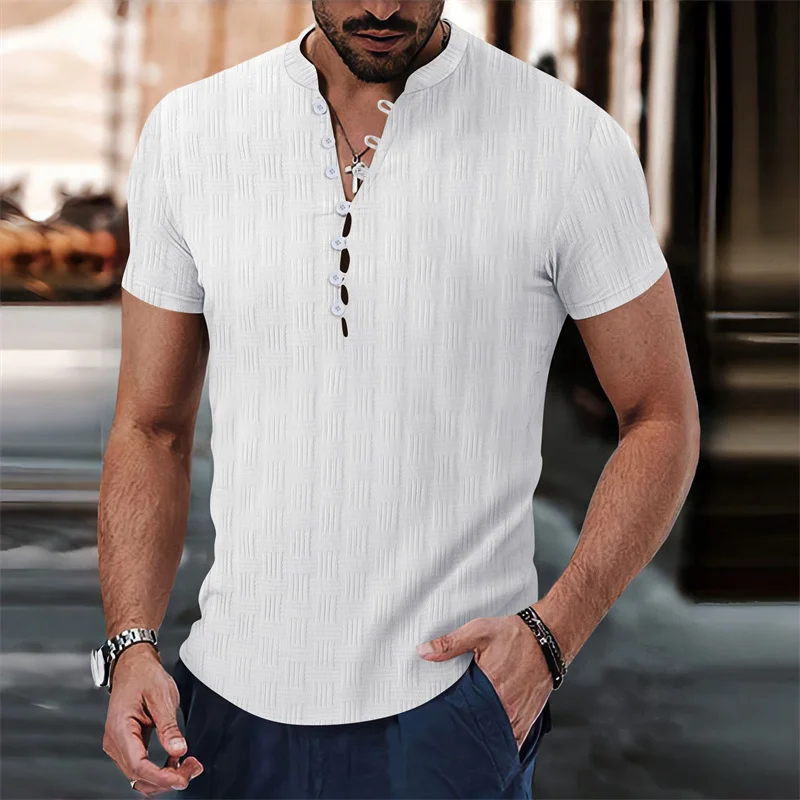 Men's Stand Collar Button Decoration Cool Short Sleeve Polo Shirt Fashionable Casual Personalized Design Trendy Tops S-3XL