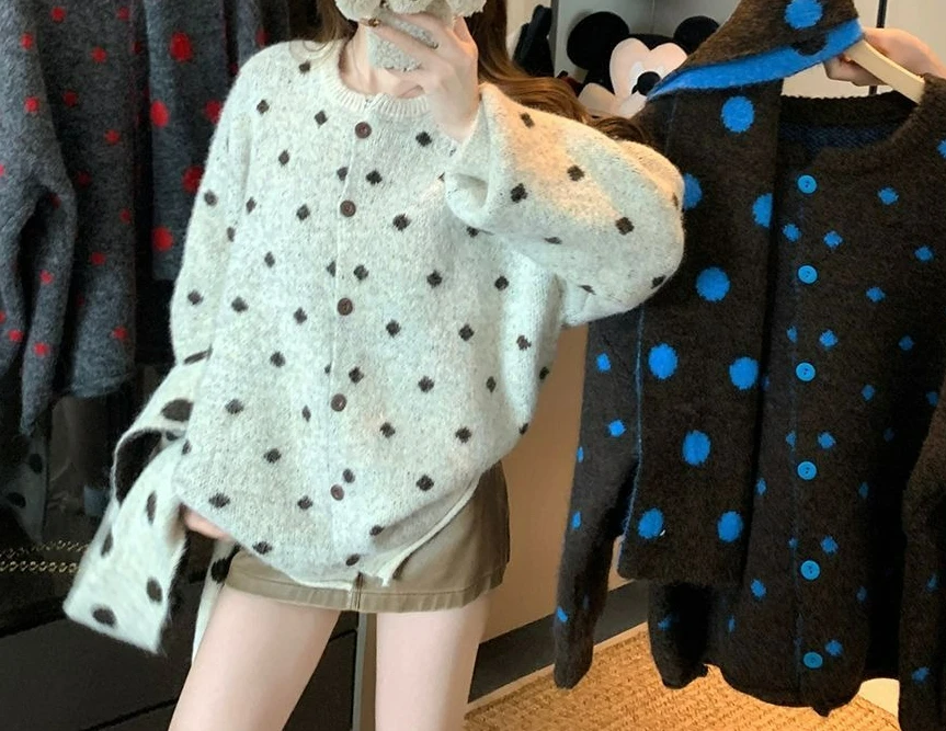 

Plus Size Versatile Retro Polka Dot Lazy Style Casual Knitted Sweater Top with Scarf