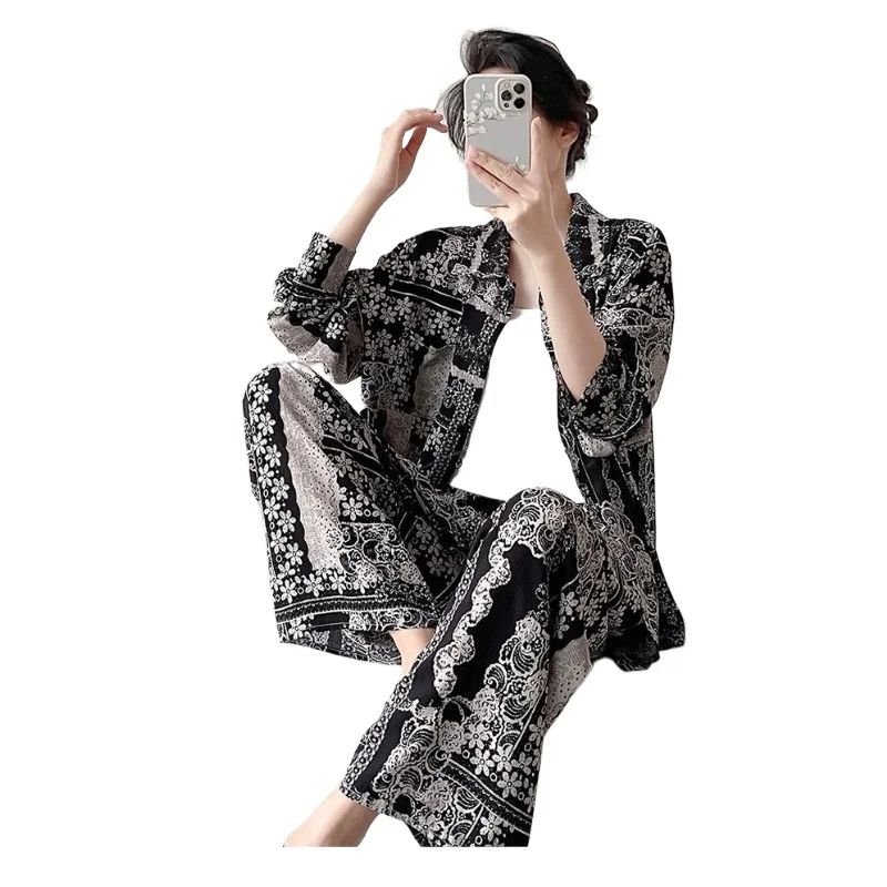 

Fashion Luxury Cotton Long-sleeved Shirt Set Plus Size Women's Loose Trousers Sun Protection Clothing Two-piece Set of Full Set