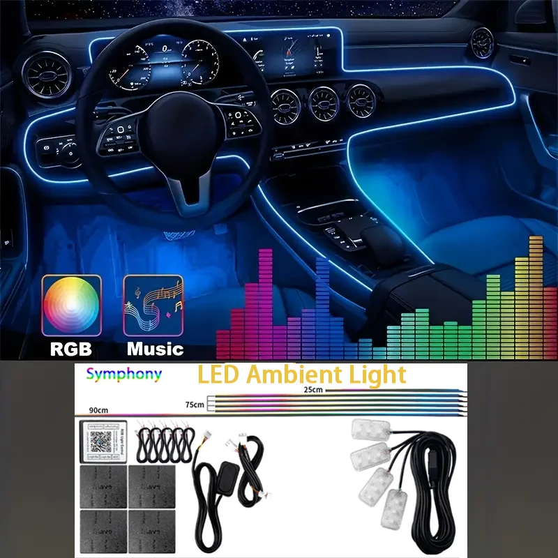 

Car Interior 10 in 1 RGB LED Strip Light 64 Colors Acrylic Guide Ambient Mood Lamp with APP Control Universal Vehicle Decoration