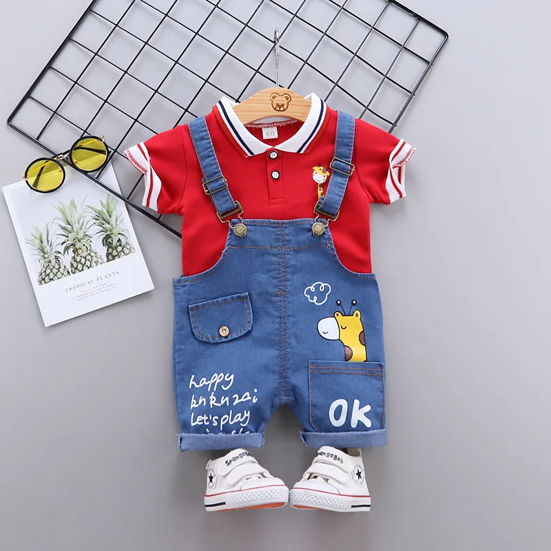 

Baby boy clothes 0-4Y summer children cartoon cute suit boys and girls short-sleeved T-shirt + denim overalls baby 2-piece set