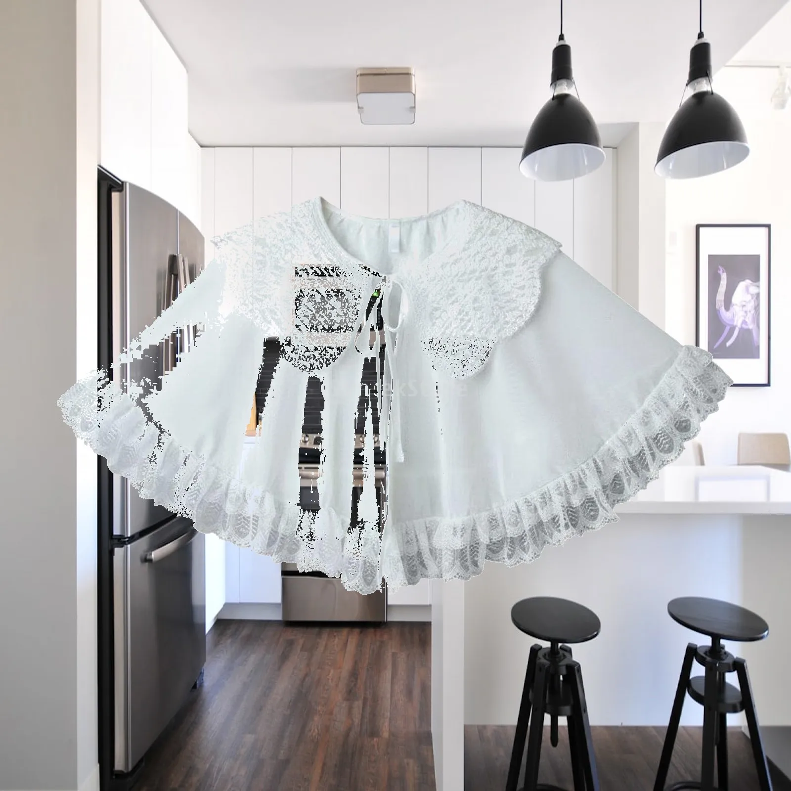 Ruffle Trim Shawl Lightweight White Lace Capelet Ruffled Hem for Wedding, Brides