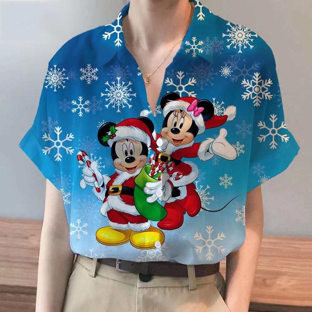 

New Boho Disney Brand Christmas Mickey And Minnie Anime Short Sleeve Shirt Summer Casual Beach Party Ladies Kawaii Top Y2k