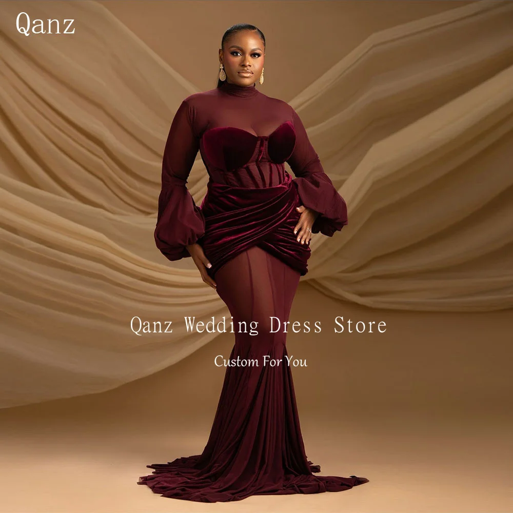 

Qanz бордовые вечерние платья Русалка с высоким воротом платье на день рождения с длинными пышными рукавами бархатные Vestidos De Fiesta Elegantes по индивидуальному заказу