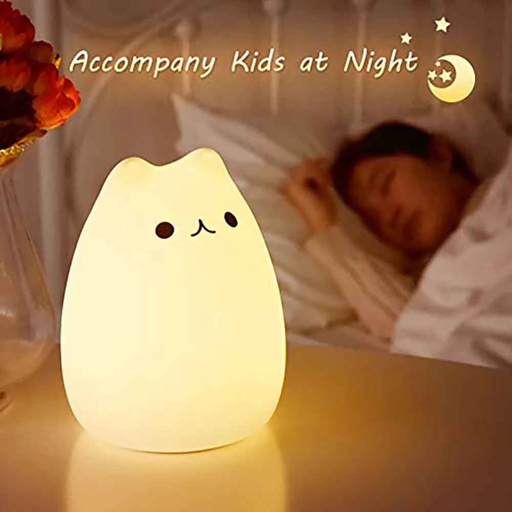 LED Night Lamp Touch Sensor Silicone Cute Cat Lights 7 Color Table Lamp Eye Protection Bedroom Bedside Nightlight Gift Children