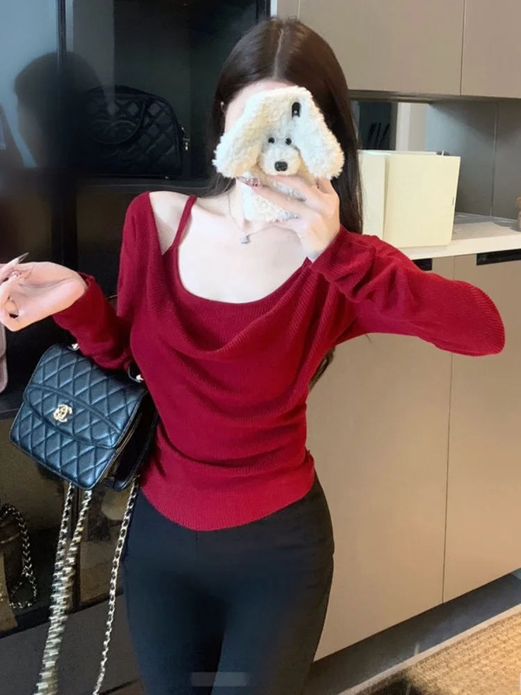

Red Long Sleeve Knitted Vest Women's Inner Wear Bridesmaid Outfit Spring Autumn New Style Pleated Sling Top Two-Piece Set