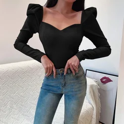 French Style Square Neckline Bubble Sleeve Top With A Casual And Slim Fit Slim Waist And Solid Color Top For Women  93906