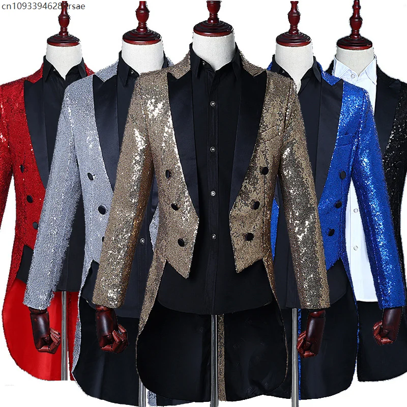 

Shinny Gold Sequins Glitter Tailcost Suit Jacket Male Double Breasted Wedding Groom Tuexdo Blazer Men Party Stage Prom Costume