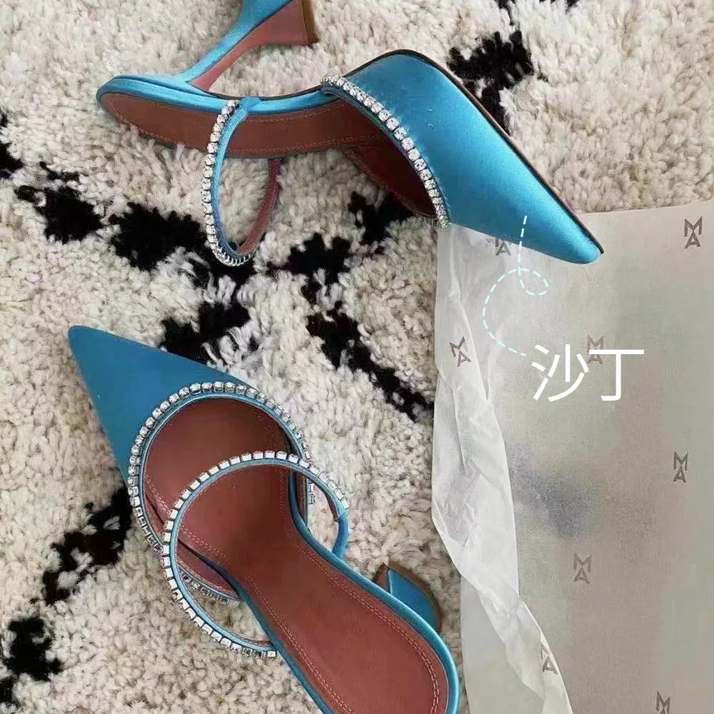 

Women's Korean Trendy Half Slippers Sparkling Rhinestone Satin Wine Glass Heel Closed Toe Fashion Party Evening Catwalk Shoes