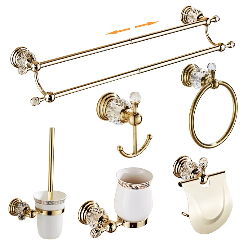 Gold Finish Crystal Decoration Metal Bathroom Accessories Set Robe Hook Cup Brush Holder Towel Holders Soap Dish Paper Rack ML70