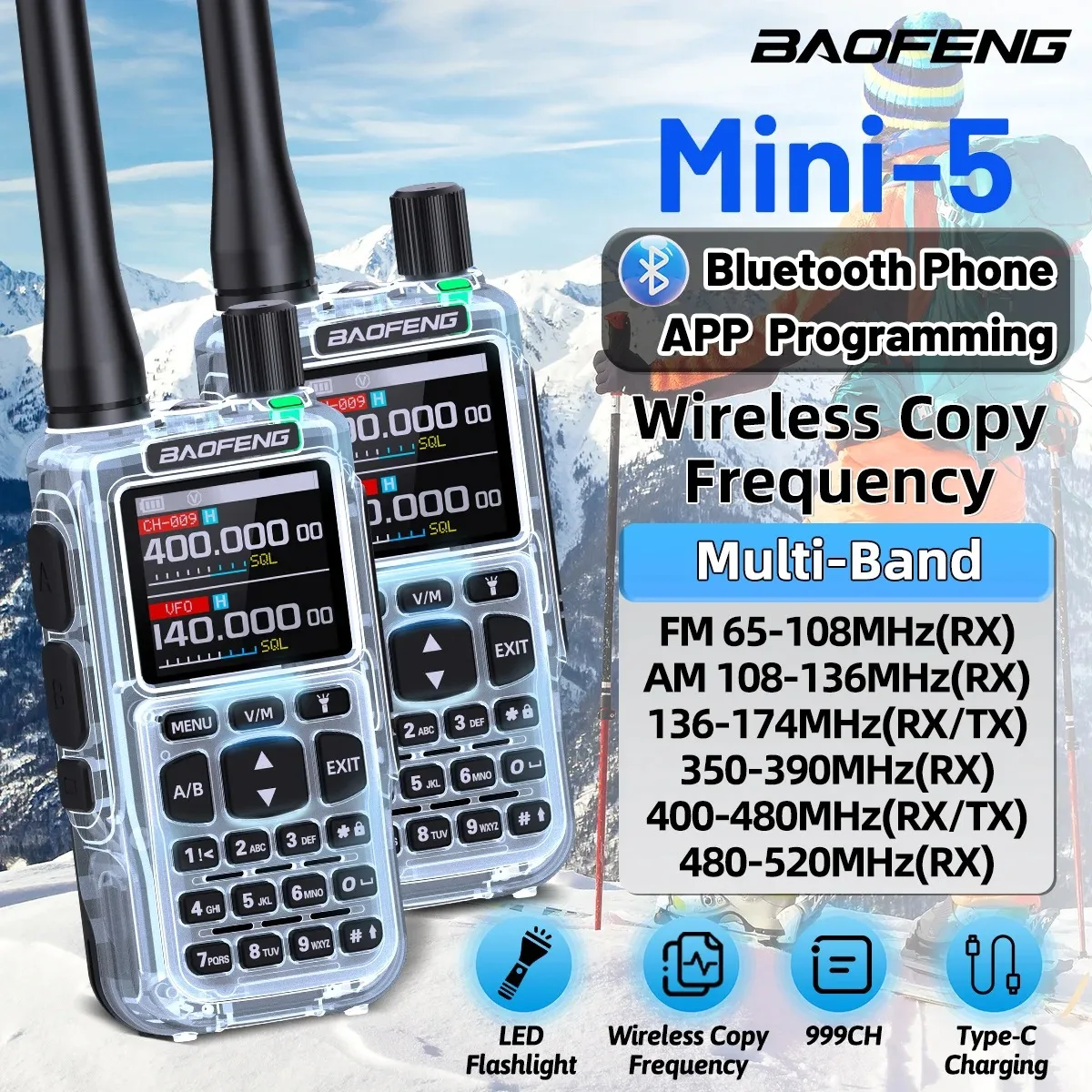 2PCS BAOFENG Mini 5 Dual PTT Walkie Talkie Bluetooth APP Programming AM/FM NOAA TYPE-C Charger Upgrade UV-5R Mini Ham Radio