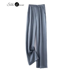 Summer Pants Stretch Pearl Satin Straight Tube Casual 93%Natural Mulberry Silk Fog Blue Pants Versatile