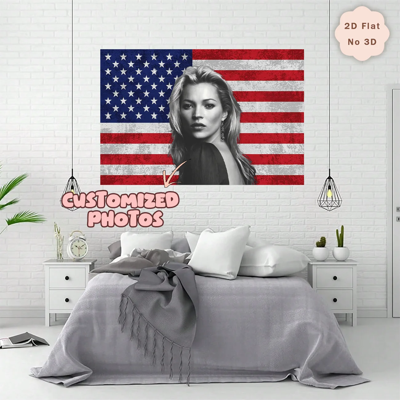 Custom Portrait Photo Tapestry with Vintage American Flag, Personalized Bedroom and Dorm Wall Decor