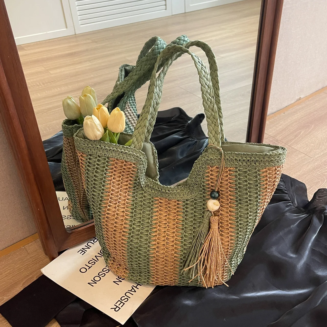 

​2025 Women's Boho Woven Straw Tote Bag Large Capacity Adjustable Strap Beach Shoulder Purse Eco-Friendly Summer Vacation Bag​