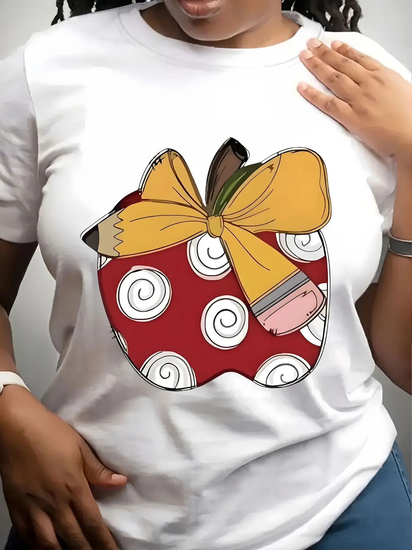 Women's Trendy Crew Neck T-Shirt Red Apple with Yellow Pencil Bow Suitable for Casual Sportswear