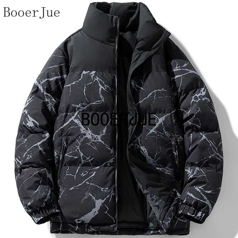 Marble Print Color Block Winter Cotton Coat Men Thick Padding Cold-Proof Windproof Camping Climbing Outdoor Sports Casual Warm