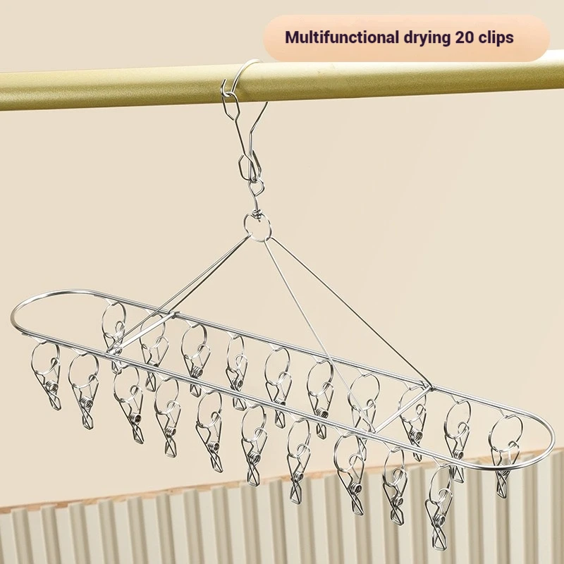 Sock Laundry Airer Hanger Underwear Socks Holder 20Pegs Stainless Steel Clothes Drying Hanger Windproof Clothing Rack Clips
