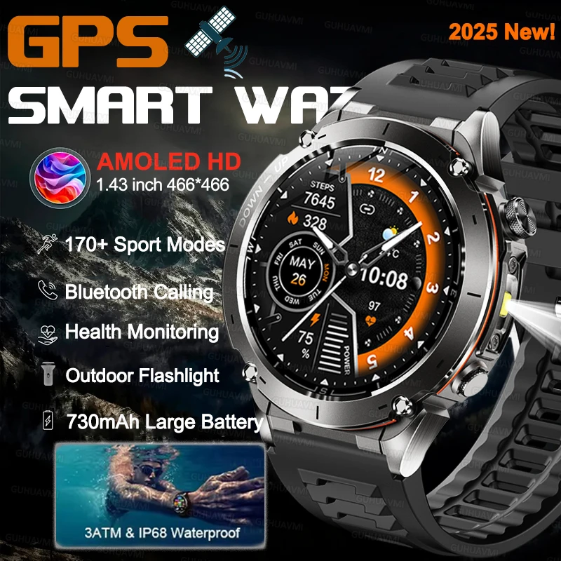 

2025 New GPS Sports Smart Watch Men Bluetooth Call 730mAh Large Battery Flashlight 170+ Sport Mode Compass 3ATM Waterproof Watch