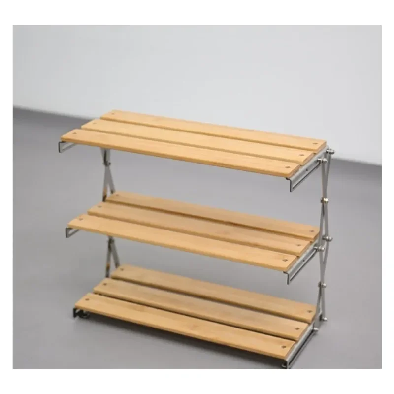Primary color camping rack three-layer foldable, portable small table, bamboo frame