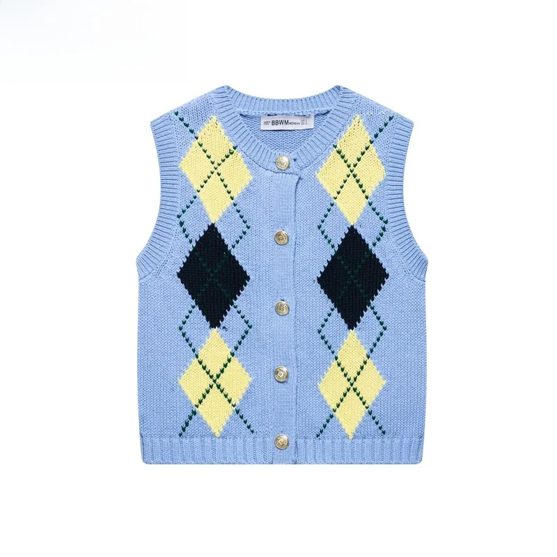 

ZBZR Spring New Women's Knitted Vest Sle Top Single Button Diamond Pattern Svel Warm Straight Cut round Ne irt