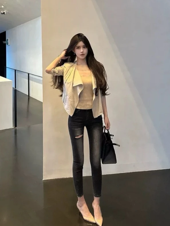 

Spring New Sle Zipper Ripped Denim Jeans Women's Bla Small Size Slimming Nine-Piece Autumn Spring Slim Fit Pants