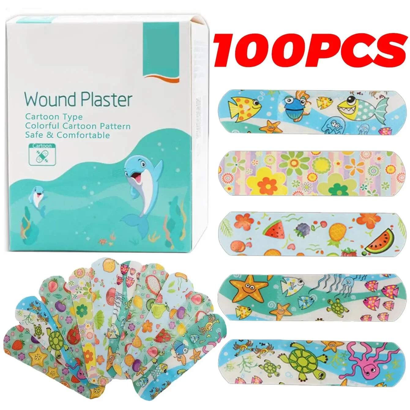 

100Pcs Kids Bandages Bulk Kids Cute Cartoon Bandages Flexible Adhesive Strips Medical Waterproof Breathable for Children kawaii