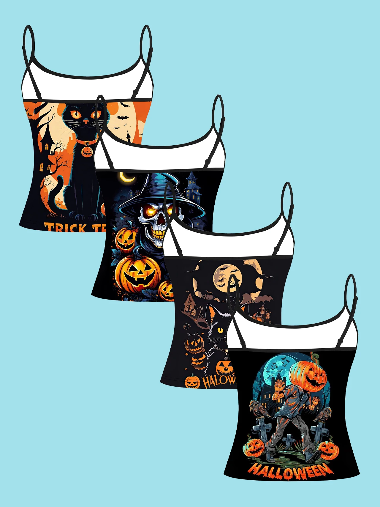 4-Piece Set of Halloween Black Cat, Skeleton, Pumpkin, and Ghost House Women's Camisoles, American Retro Print Slim-Fit Spaghetti Strap Short Camisole Tops