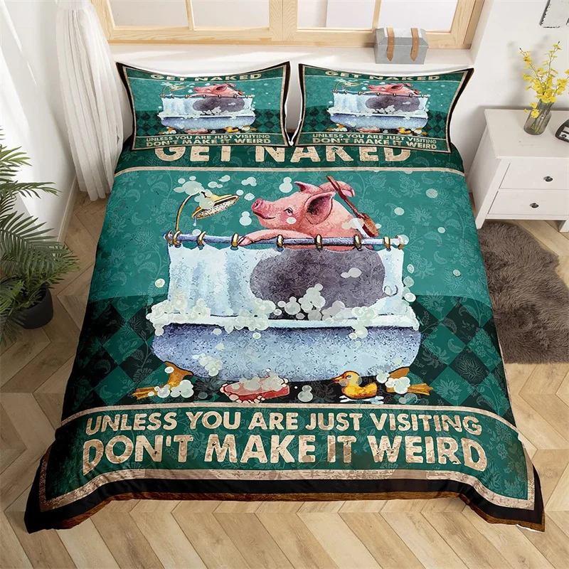 Funny Farm Animal Duvet Cover Microfiber Farmhouse Rooster Pig Goat Cow Comforter Cover Blue Green Diamond Geometric Bedding Set