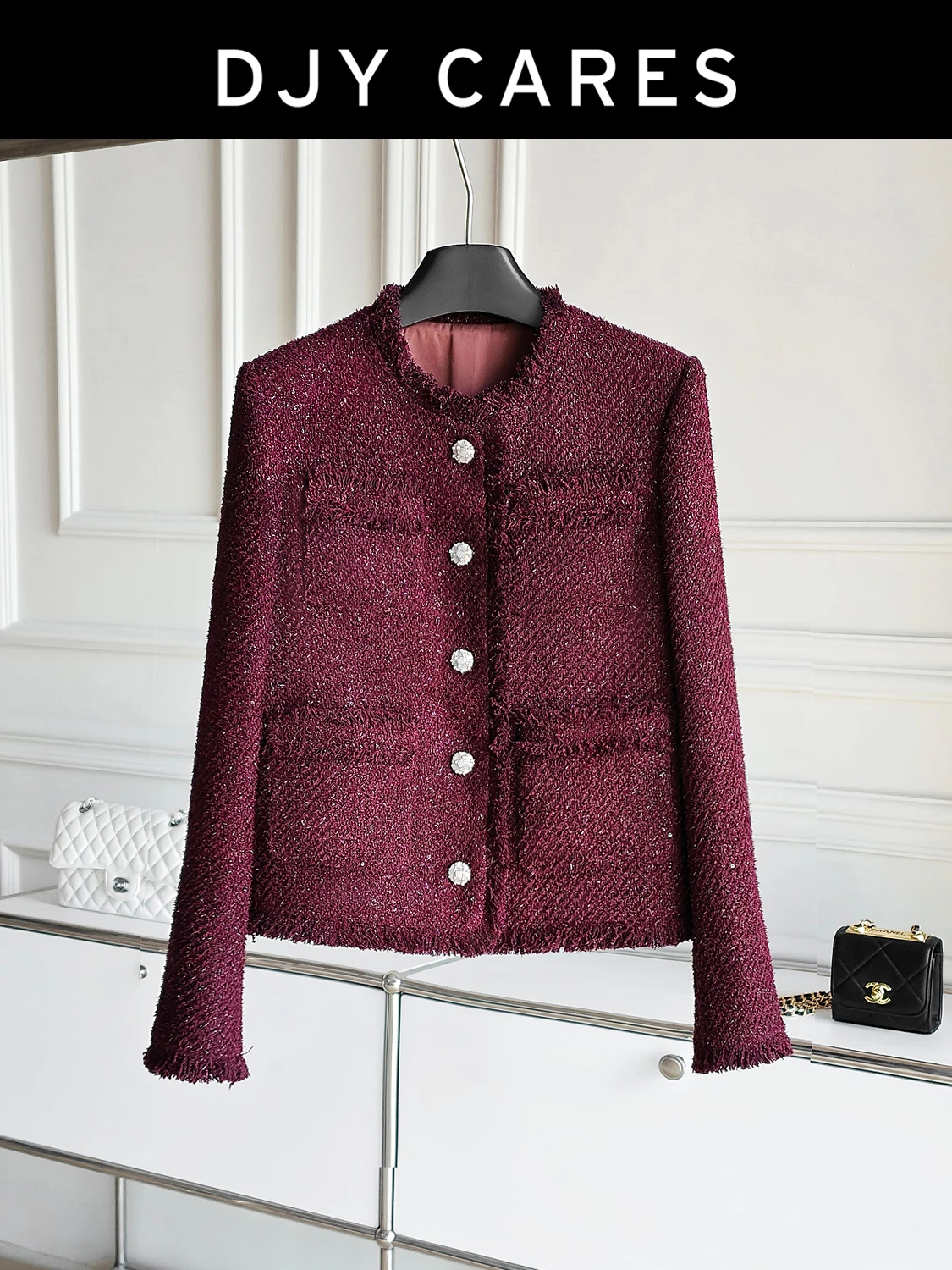 

New Coarse tweed dark red exquisite fashionable jacket wool top big size