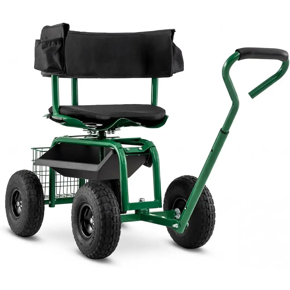 

Garden Seat with Wheels, Rolling Gardening Stool with Adjustable 360° Swivel Seat, Tool Tray & Storage Basket, Exble Handle, Out