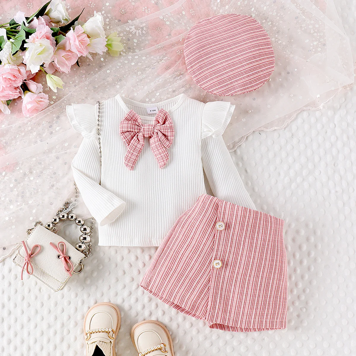 3Piece Sets Spring Fall Baby Girl Boutique Clothes Korean Cute Bow Cotton Long Sleeve Tops+Plaid Shorts+Hat Kids Clothing BC581