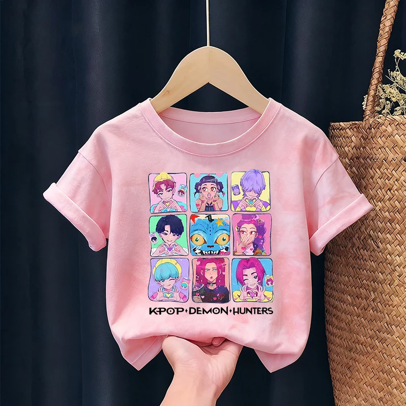 KPop Demon Hunters enfants T-shirt mignon imprimé figurines d'anime fille garçon à manches courtes enfant mode cravate colorant T-shirt maison vêtements haut cadeau