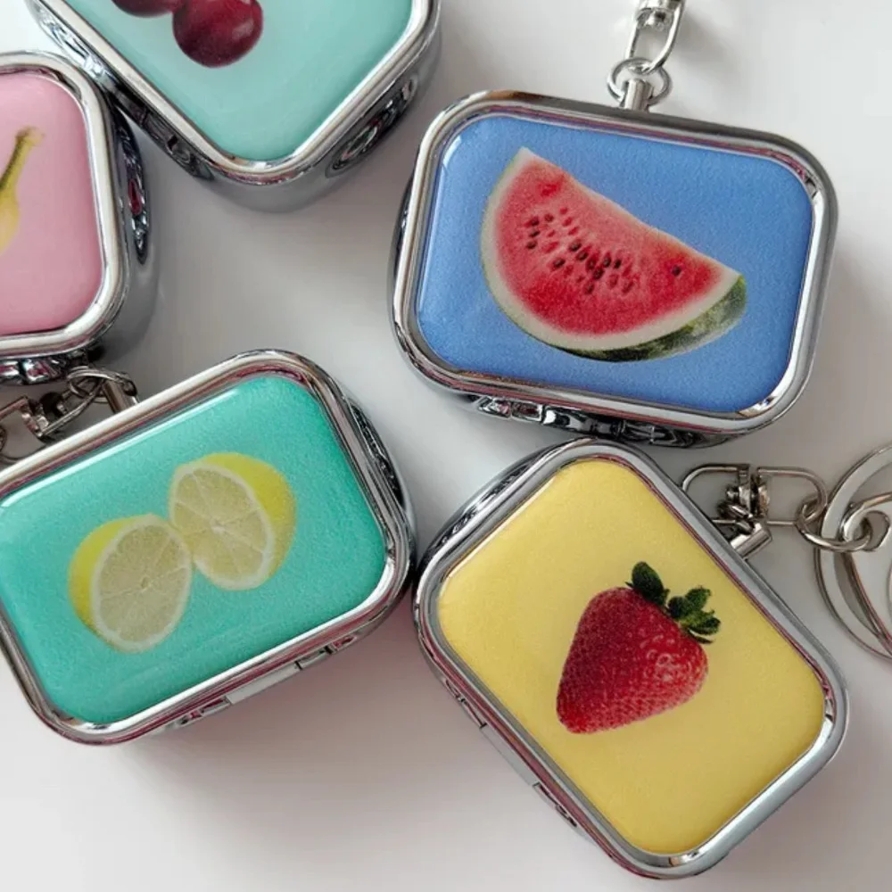 Korean Style Cute Fruit Print Mini Pill Box With Keychain Portable 2 Grid Medicine Case Mirror Travel Earring Jewelry Storage