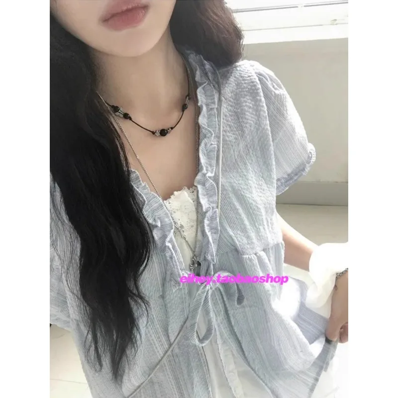 

Fake Two Pieces Ruffled Sweet Short-sleeved T-shirt Women 2025 Summer New Korean Contrast Color Patchwork Casual Tops