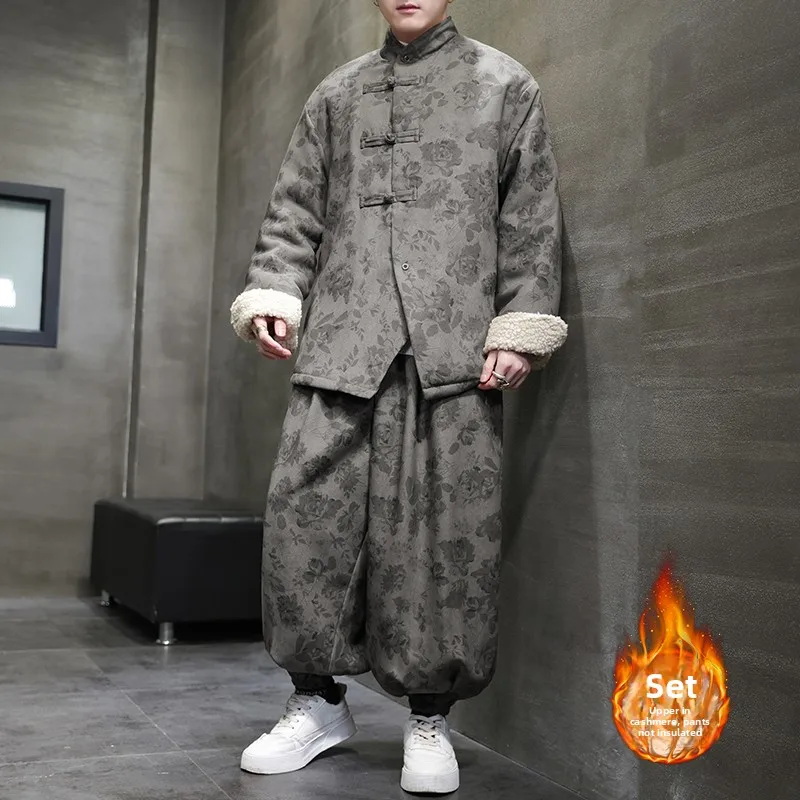 

Lamb Fur Jaet Men's Winter Thiened Cotton Coat with Button Closure Traditional Chinese Sle Youth Faion Casual Warm Ou...