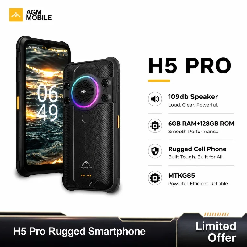 AGM H5PRO Rugged Smartphone 6.52 Inch Android 12 8+128G Storage G85 48MP Rear Camera IP68 Waterproof 7000mAh Battery