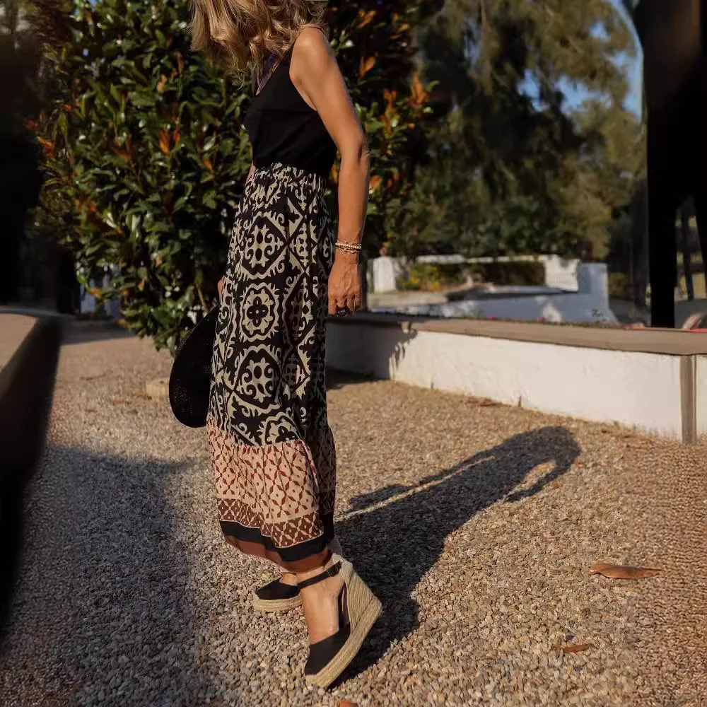Gonna con stampa casual Moda donna Boho Beach Holiday Gonne lunghe larghe per le donne Elegante abbigliamento vintage da donna Nuova gonna estiva