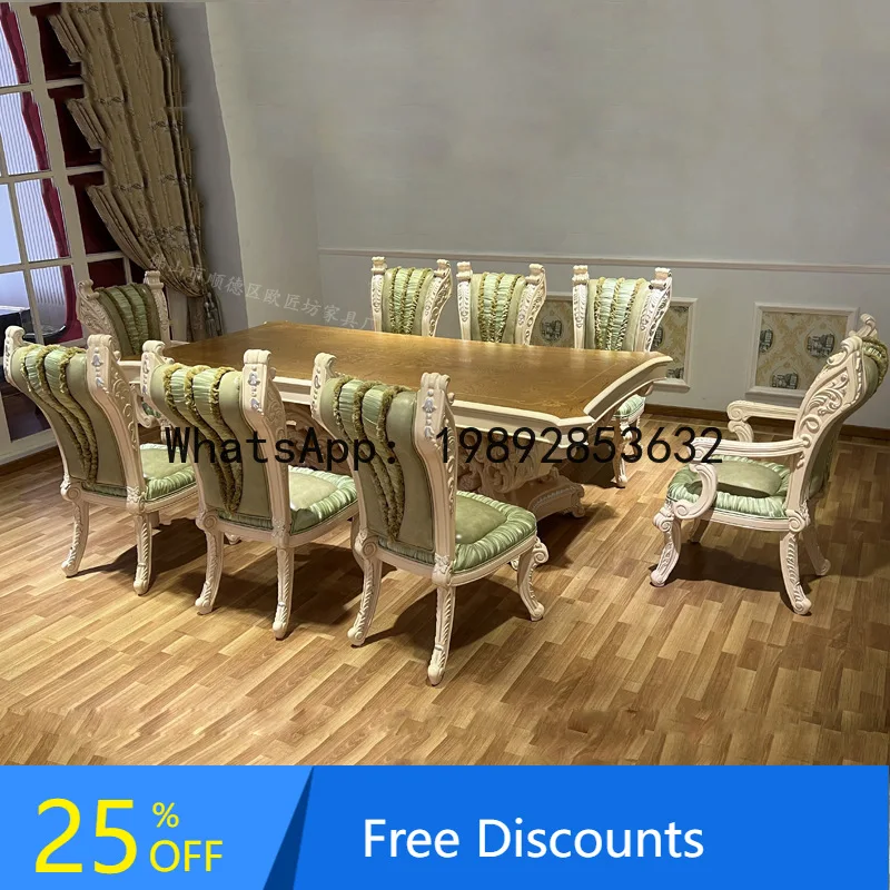 CZ Solid Wood Inlaid Surface Household Long Dining Table Solid Wood Dining Table French Armrest Dining Chair