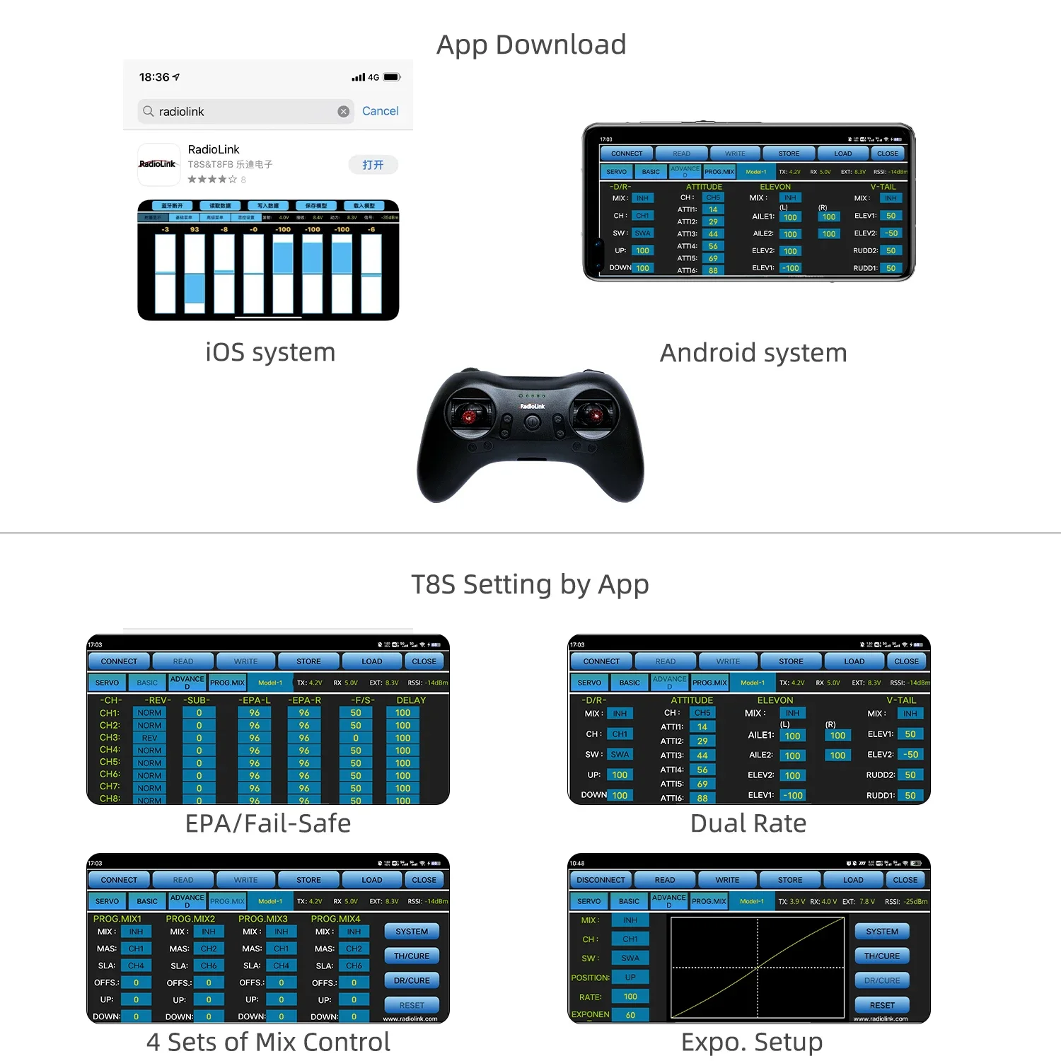 Radiolink T8S 2.4G 8 Channel Radio Remote Transmitter with Receiver R8EF Game Shape Controller 2000m for FPV Drone RC Aircraft