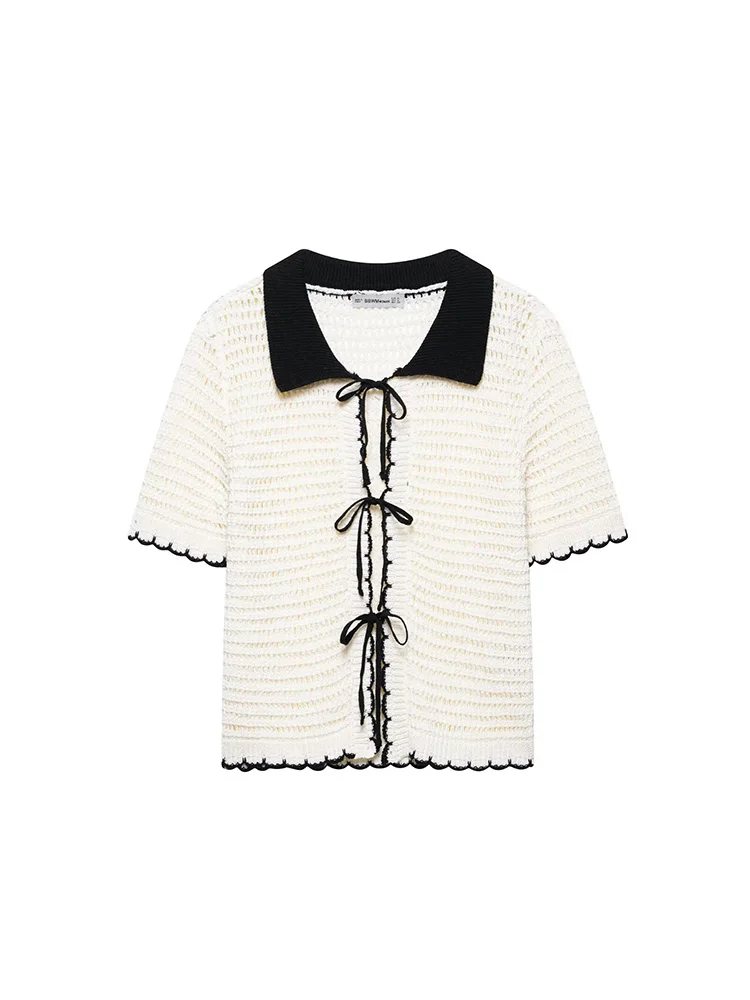 

KUCLUT Women Fashion Beige Bow Lace Up Knitted Sweater Vintage Lapel Neck Short Sleeves Female Chic Lady Outfits