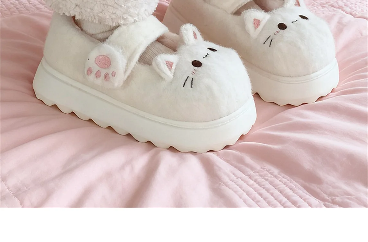 Neue schwarze flauschige Katzenpantoffeln für Damen, bezaubernde Tier-Schuhe, flauschige Hausschuhe, Damen-Winter-Plüsch-Mary-Jane-Slipper. – Detail 4