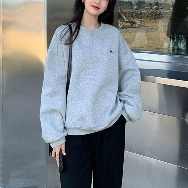 

Gray Sweatshirt Women's Trendy Ins Spring Autumn Loose Lazy Style Round Neck Plus Velvet Thickened Top