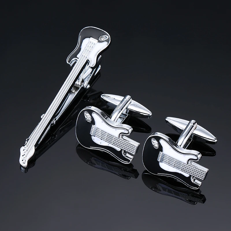 High quality men's French shirt cufflinks tie clip set classic Music Guitar Violin clip cuffs buttons business suit accessories