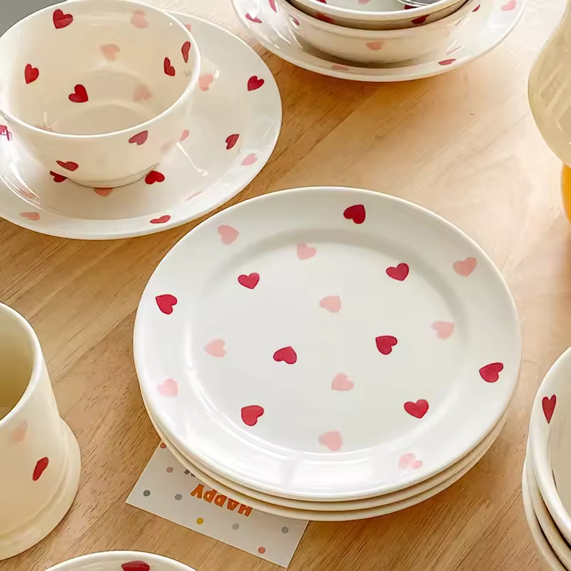 Heart-shaped Ceramic Dinnerware Set, Dinner Plate, Rice Salad Bowl, Coffee Mug, Japanese Love, Warm Gift for Valentine day