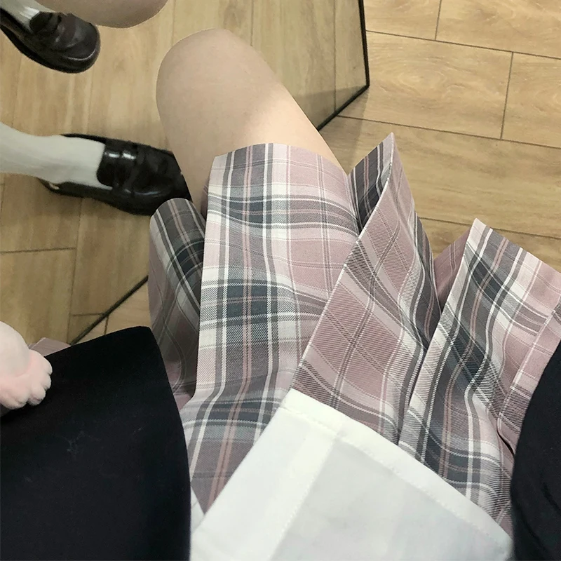 

Original Huahuai Pig Floral A-Line Skirt JK Uniform School Supply Pink Grid Versatile Style High Waist Polyester Fiber
