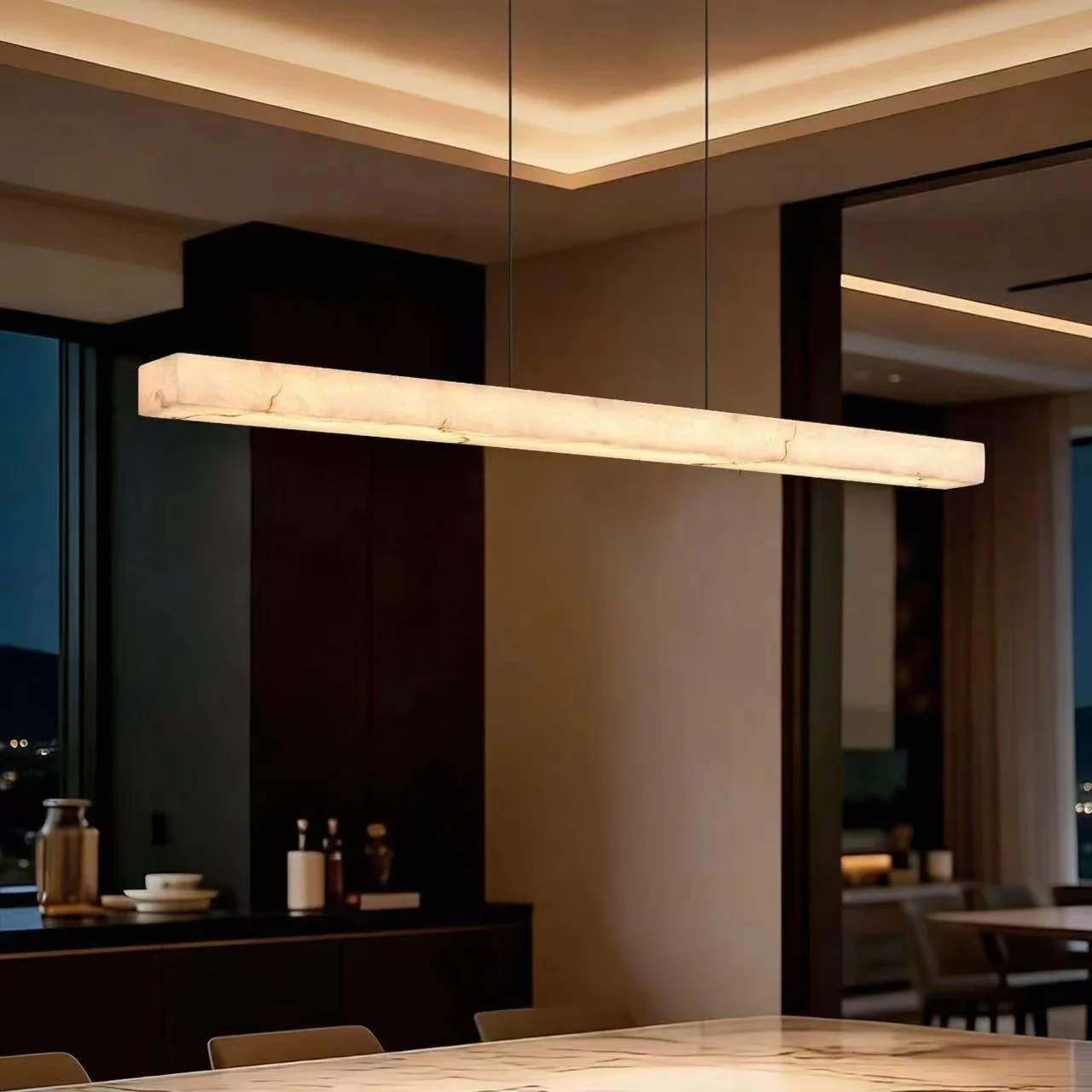 Artificial Onyx Linear LED Pendant Light Luxury Stainless Steel Chandelier 100/120/150cm Island Lamp for Kitche Living room Deco