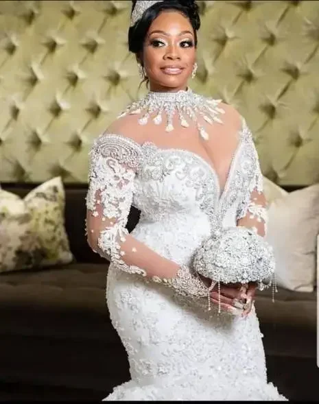 Customized South African Mermaid Wedding Dresses Lace Crystals Beading Long Sleeves Bridal Gown High Sheer Neck Plus Size Vestio