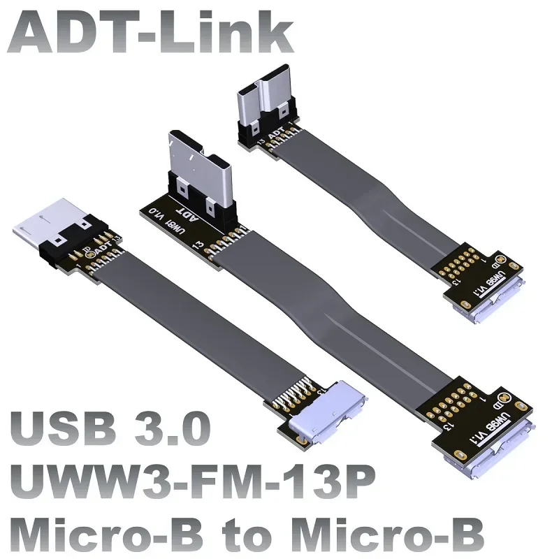 ADT-Link Micro USB 3.0 Flat Ribbon Cable FFC FPV USB 3.0 Micro B to B Cable Male to Female Foldable Axial Elbow Cable 90 Angled