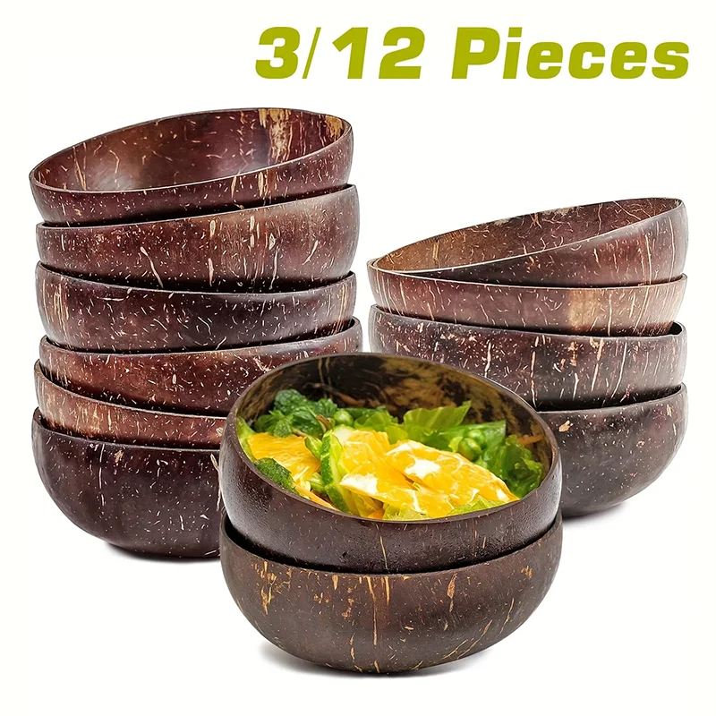 Juego de cena de cuenco de coco Natural, vajilla de madera hecha a mano con cuchara de madera, postre, ensalada de frutas, batido, tazón mezclador Acai, 3/12 Uds.
