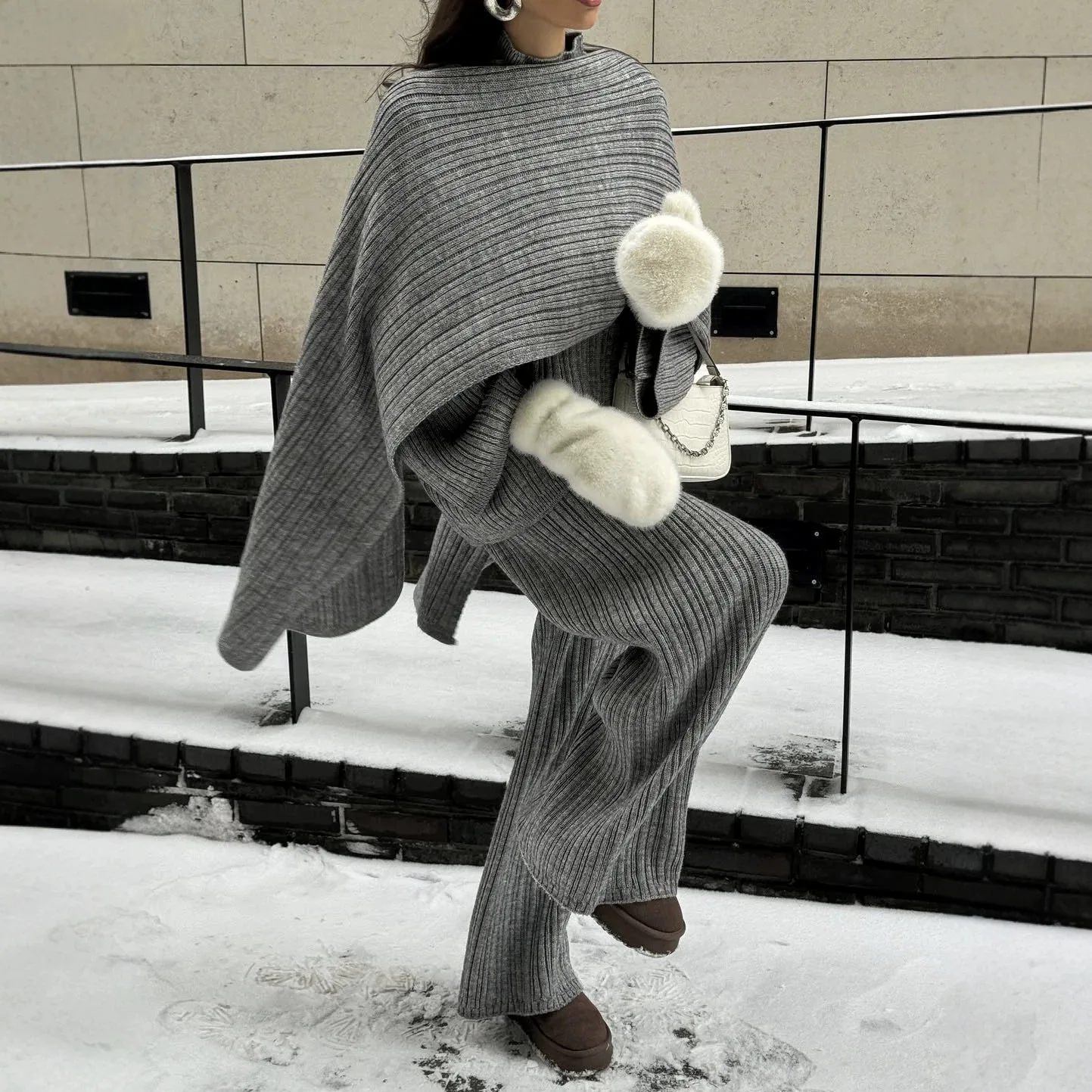 Three Piece Set For Women Cable Knit Sweater And Wide Leg Pants With Scarf Loose Fit Casual Autumn Winter Tracksuit